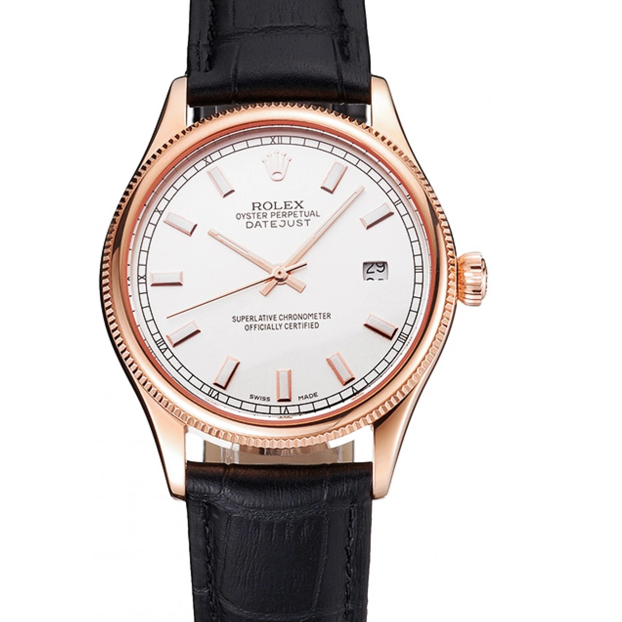 Aaa fake watches Black Datejust Gold Strap Swiss Rose Dial Leather Rolex Case White 0728